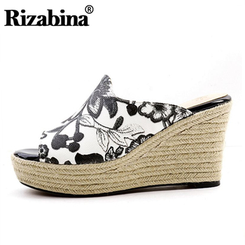 RIZABINA Women High Heel Sandals Real Leather Open Toe Ladies Summer Shoes Print Flower Vintage For Party Shoes Size 34-39